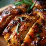 Juicy marinated chicken thighs with parsley garnish on a serving plate.