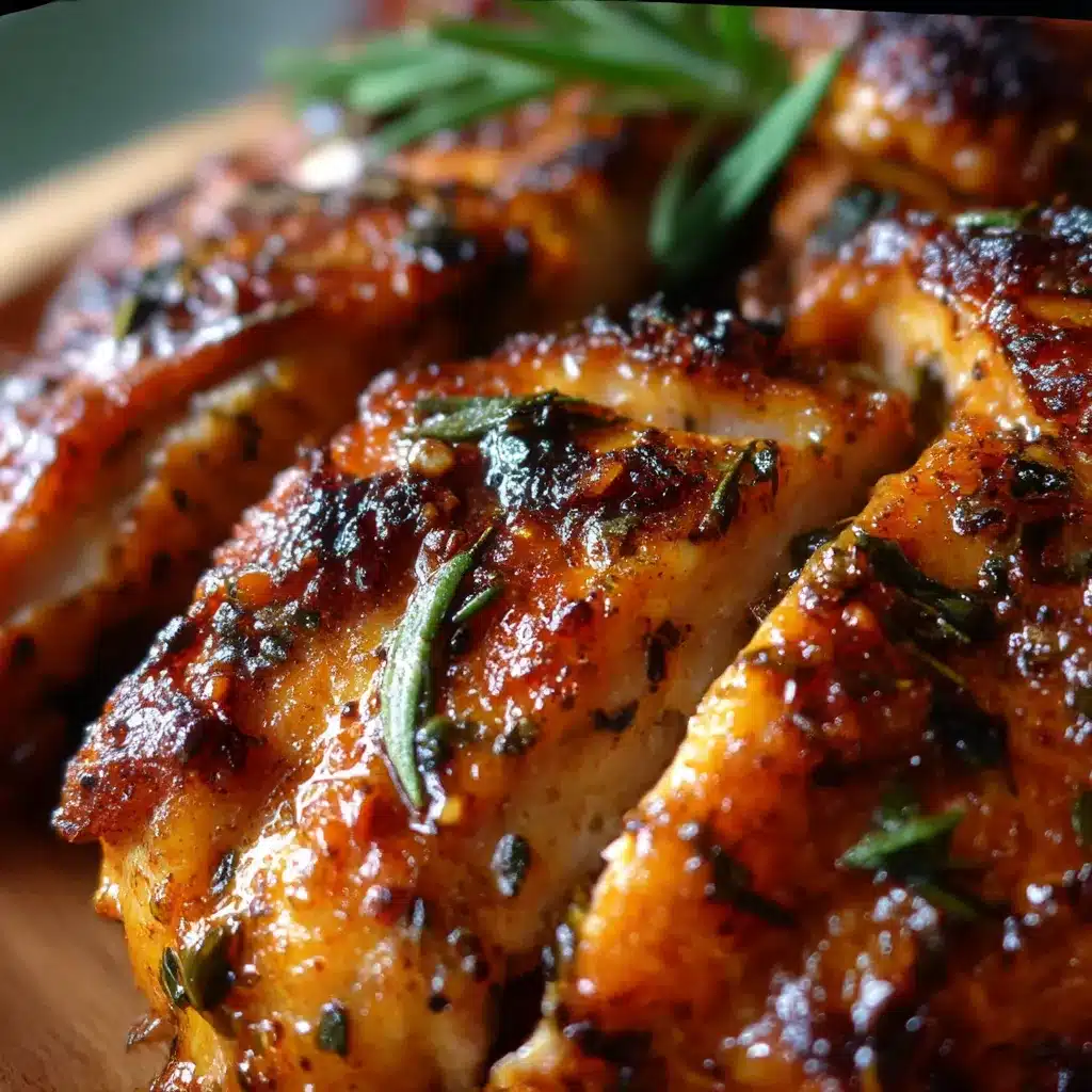 Juicy marinated chicken thighs with parsley garnish on a serving plate.