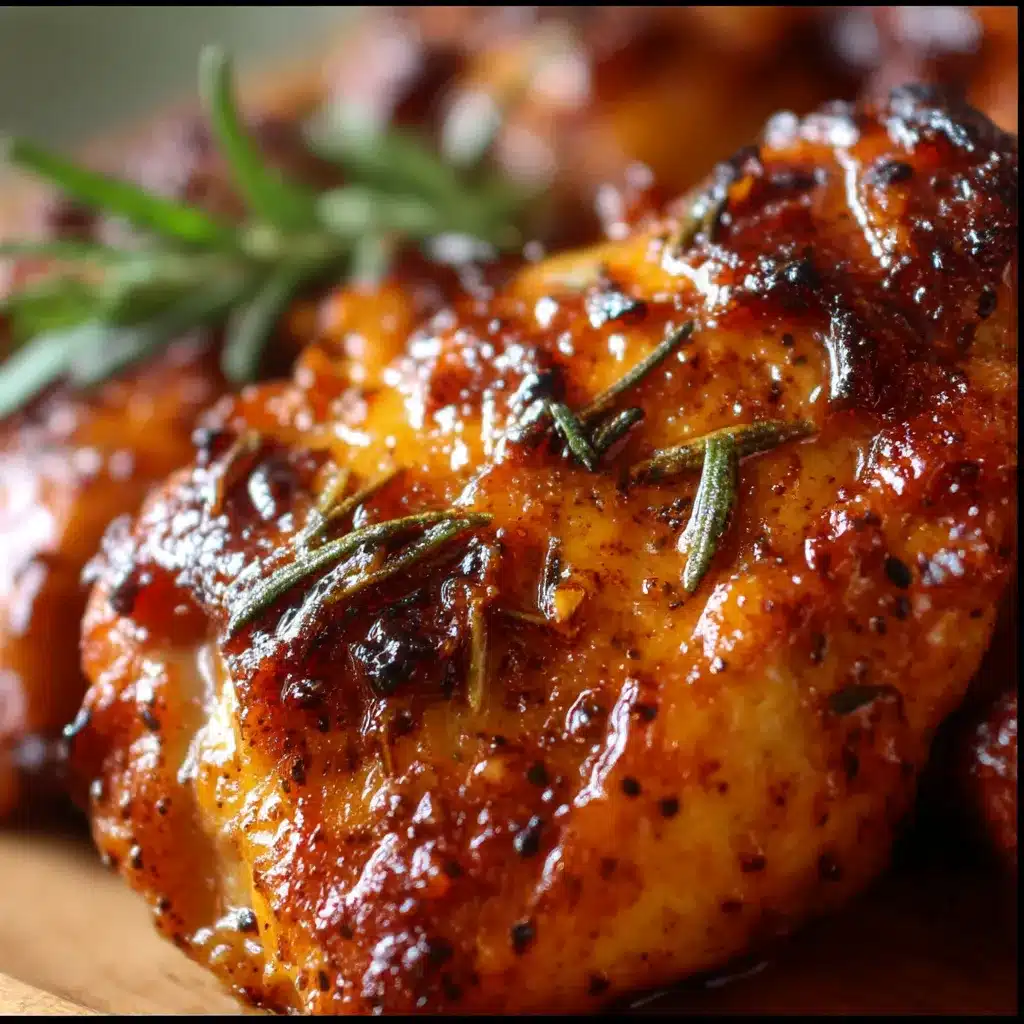 Juicy marinated chicken thighs with parsley garnish on a serving plate.