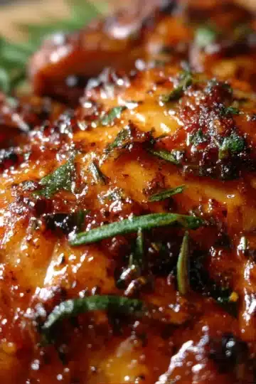 Juicy marinated chicken thighs with parsley garnish on a serving plate.