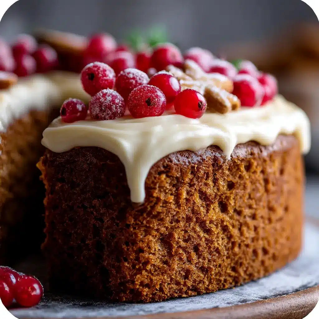 Slice of homemade gingerbread cake with cream cheese frosting on plate