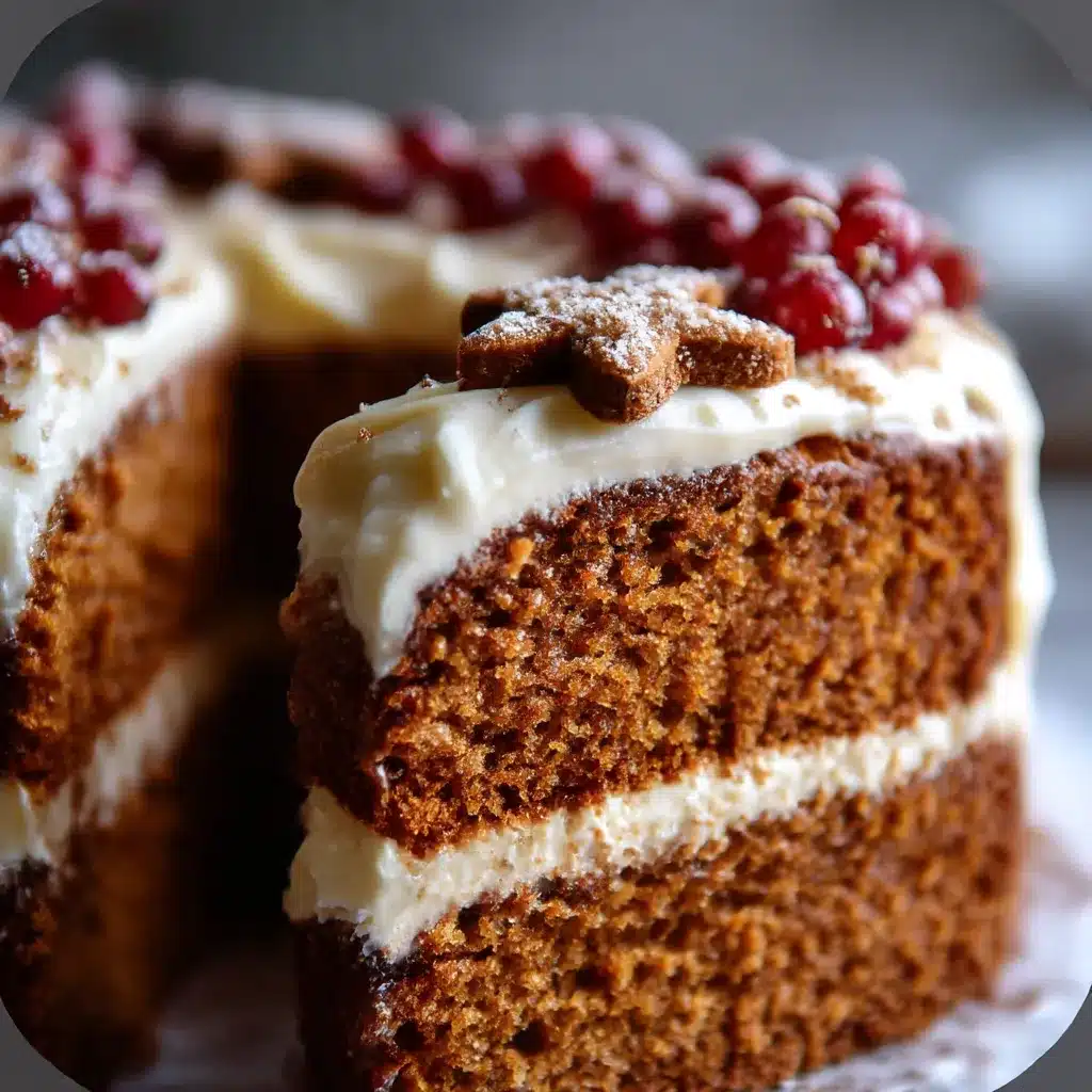 Slice of homemade gingerbread cake with cream cheese frosting on plate
