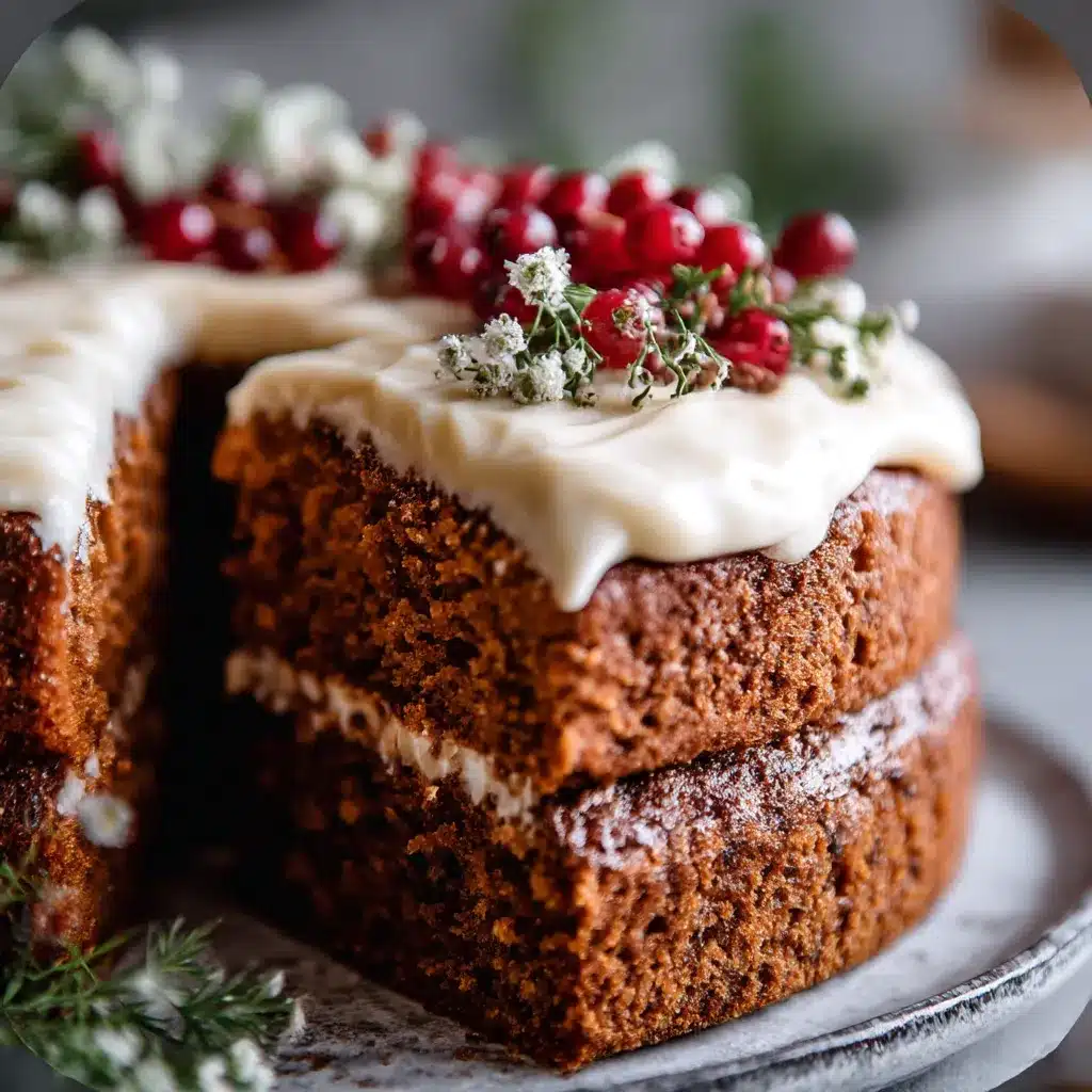 Slice of homemade gingerbread cake with cream cheese frosting on plate