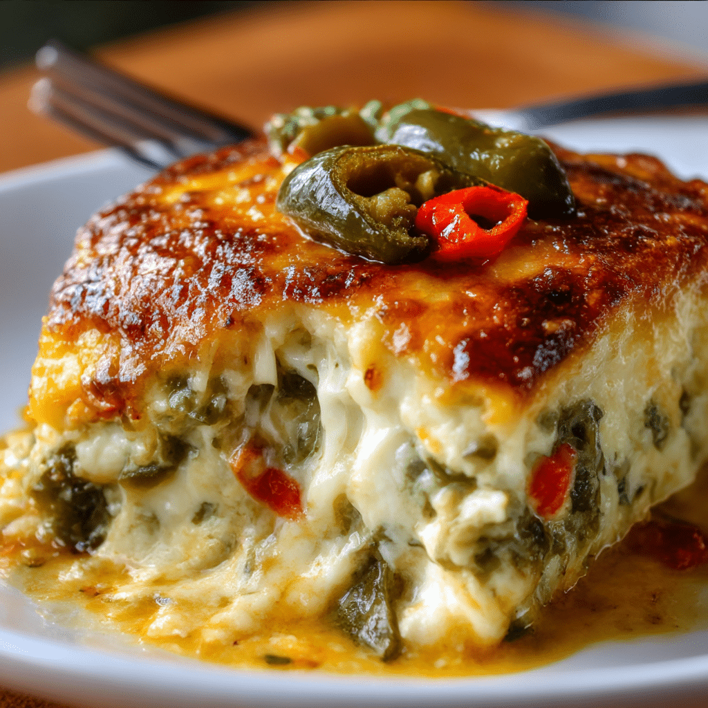 A cheesy, golden-brown Easy Chile Relleno Casserole fresh from the oven, showing layers of green chiles and melted cheese.