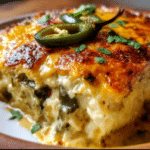 A cheesy, golden-brown Easy Chile Relleno Casserole fresh from the oven, showing layers of green chiles and melted cheese.