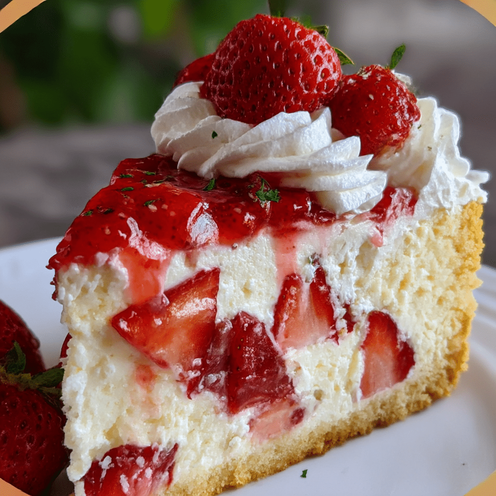 Slice of layered homemade strawberry shortcake cheesecake with fresh strawberry topping on a white dessert plate.
