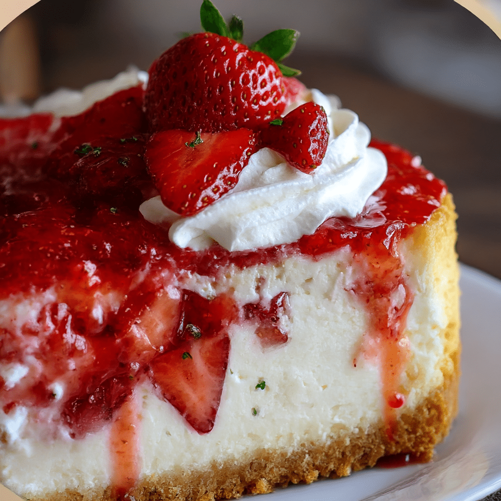 Slice of layered homemade strawberry shortcake cheesecake with fresh strawberry topping on a white dessert plate.