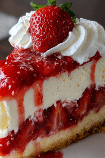 Slice of layered homemade strawberry shortcake cheesecake with fresh strawberry topping on a white dessert plate.