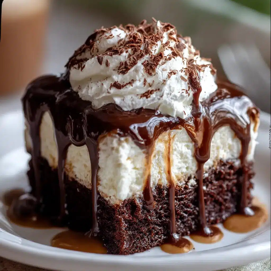 Baileys Chocolate Poke Cake topped with chocolate ganache and whipped cream