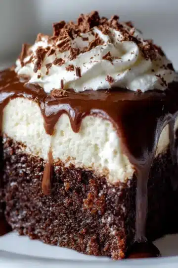 Baileys Chocolate Poke Cake topped with chocolate ganache and whipped cream