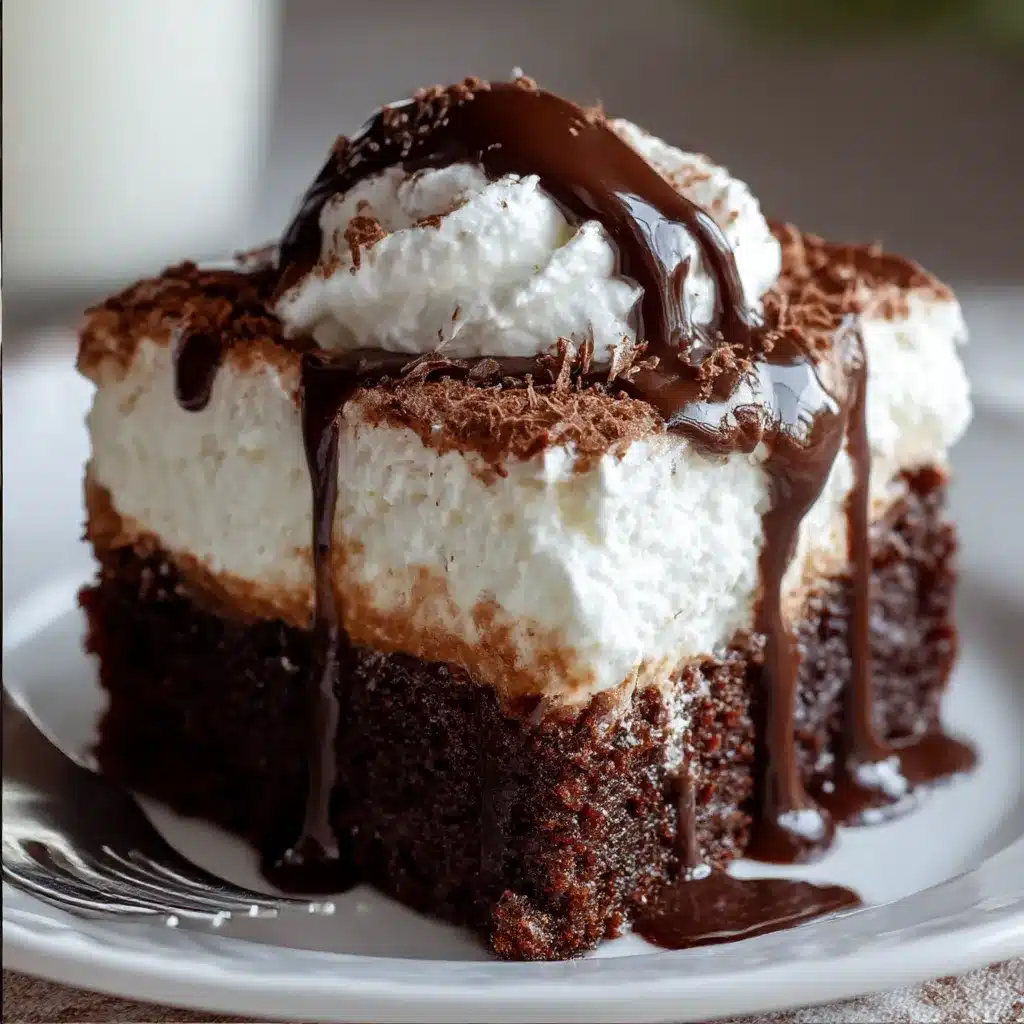 Baileys Chocolate Poke Cake topped with chocolate ganache and whipped cream
