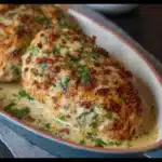 Baked Caesar chicken with crispy Parmesan topping in a baking dish