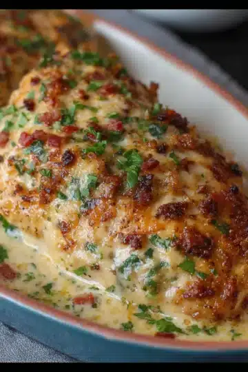 Baked Caesar chicken with crispy Parmesan topping in a baking dish