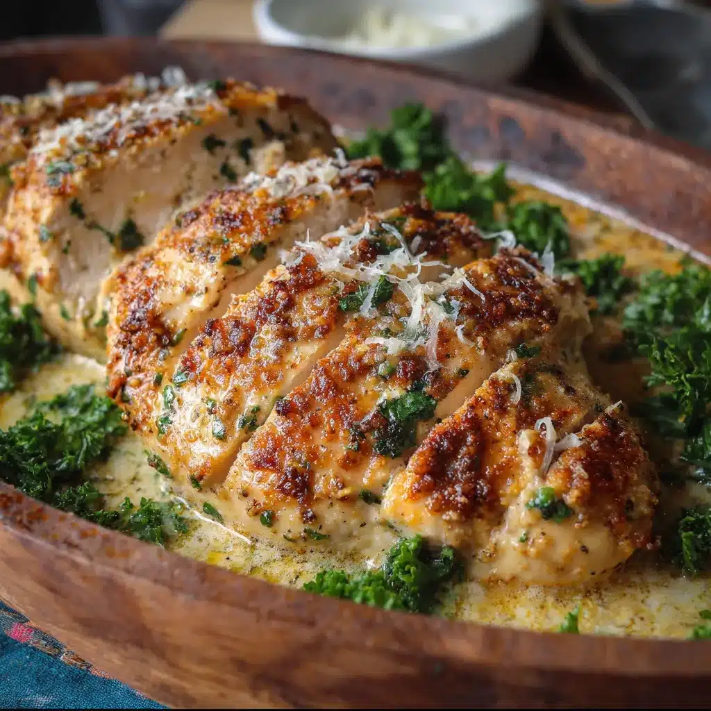 Baked Caesar chicken with crispy Parmesan topping in a baking dish