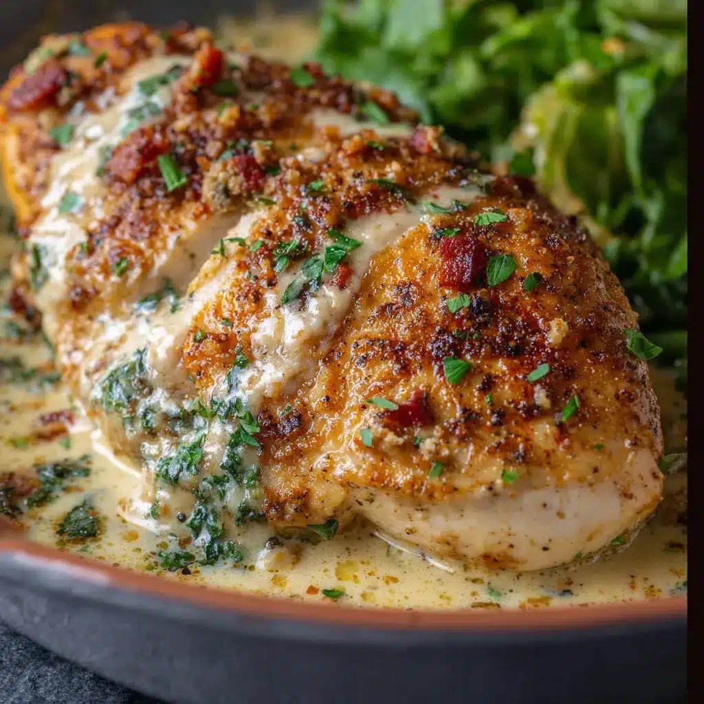 Baked Caesar chicken with crispy Parmesan topping in a baking dish