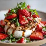 Balsamic Chicken & Strawberry Burrata Stack with fresh basil and balsamic glaze