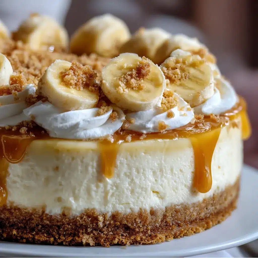 Slice of Banana Pudding Cheesecake Creation topped with whipped cream, banana slices, and vanilla wafers