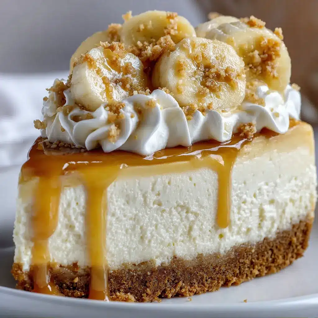 Slice of Banana Pudding Cheesecake Creation topped with whipped cream, banana slices, and vanilla wafers