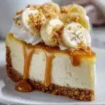 Slice of Banana Pudding Cheesecake Creation topped with whipped cream, banana slices, and vanilla wafers