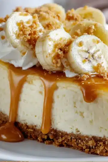Slice of Banana Pudding Cheesecake Creation topped with whipped cream, banana slices, and vanilla wafers