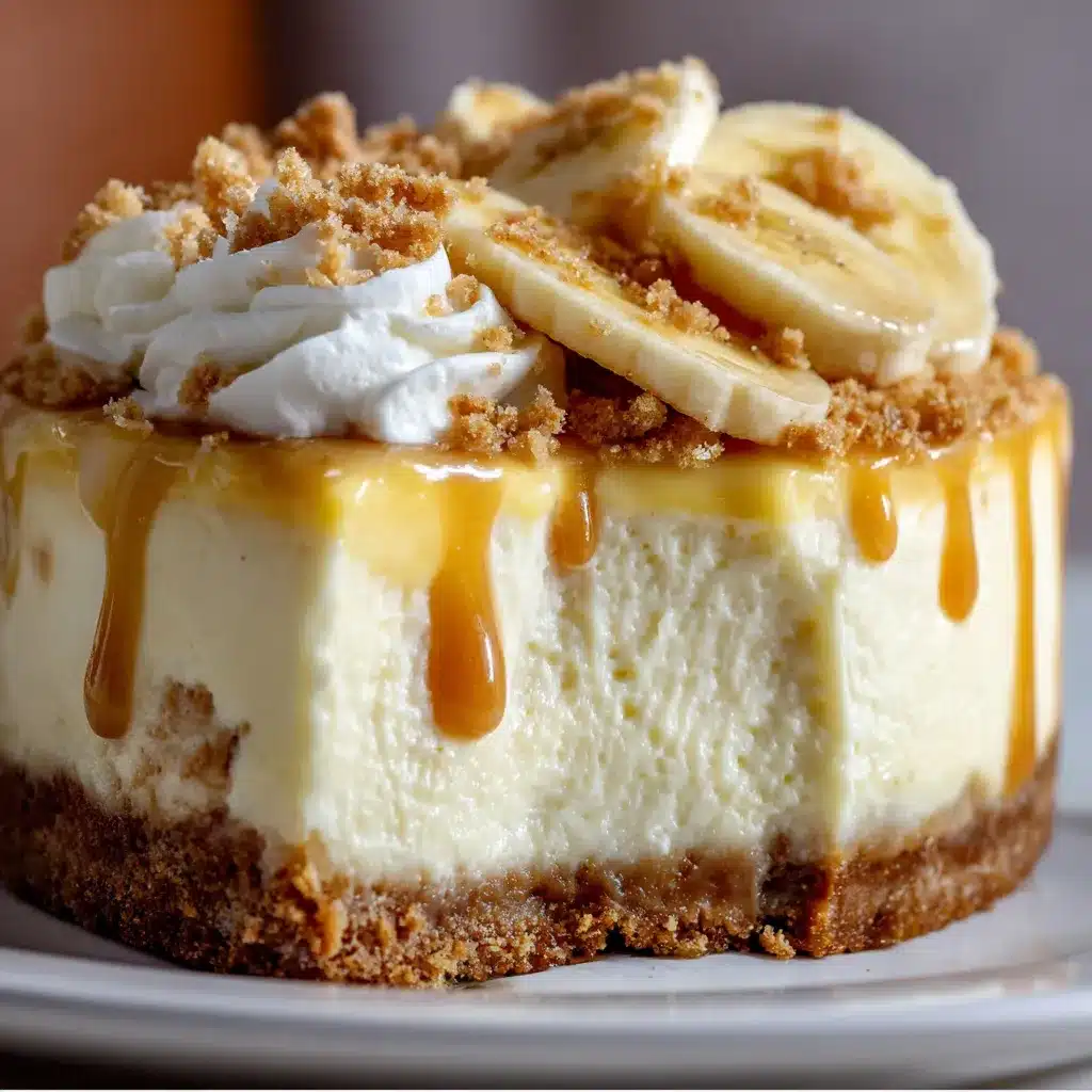 Slice of Banana Pudding Cheesecake Creation topped with whipped cream, banana slices, and vanilla wafers