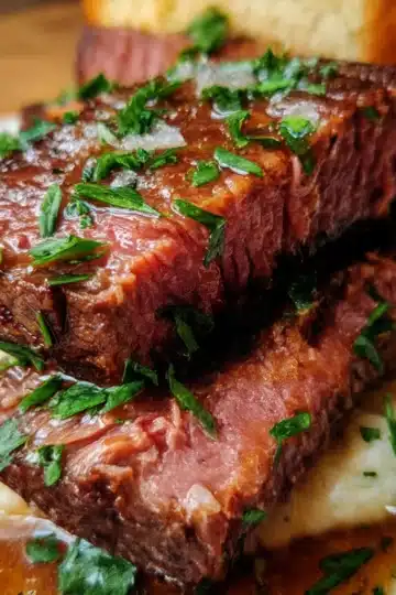 Beef Manhattan open-faced sandwich topped with rich gravy and served with mashed potatoes