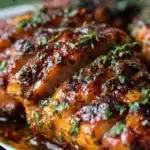 Juicy marinated chicken cooking on grill with vibrant herbs and lemon wedges