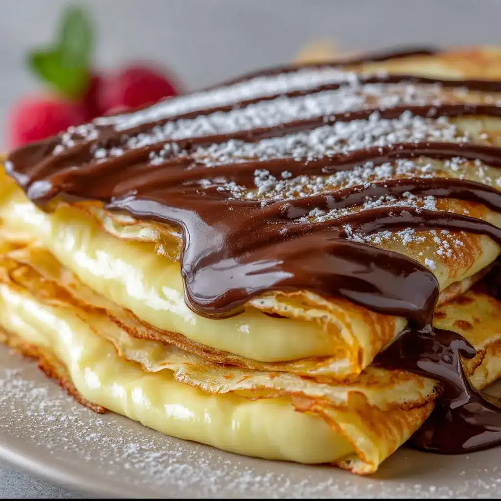 Boston Cream Pie Crepes with creamy vanilla custard and rich chocolate ganache drizzle