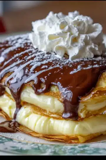 Boston Cream Pie Crepes with creamy vanilla custard and rich chocolate ganache drizzle