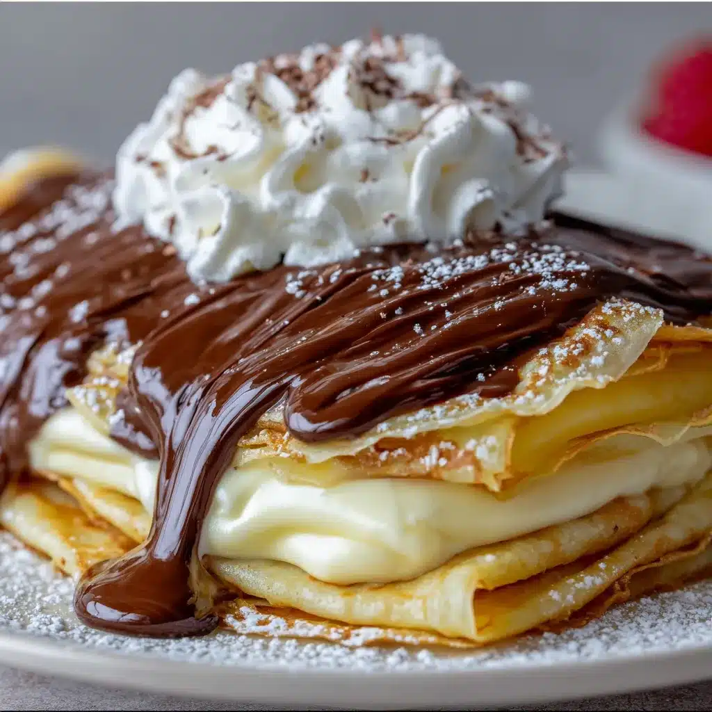 Boston Cream Pie Crepes with creamy vanilla custard and rich chocolate ganache drizzle