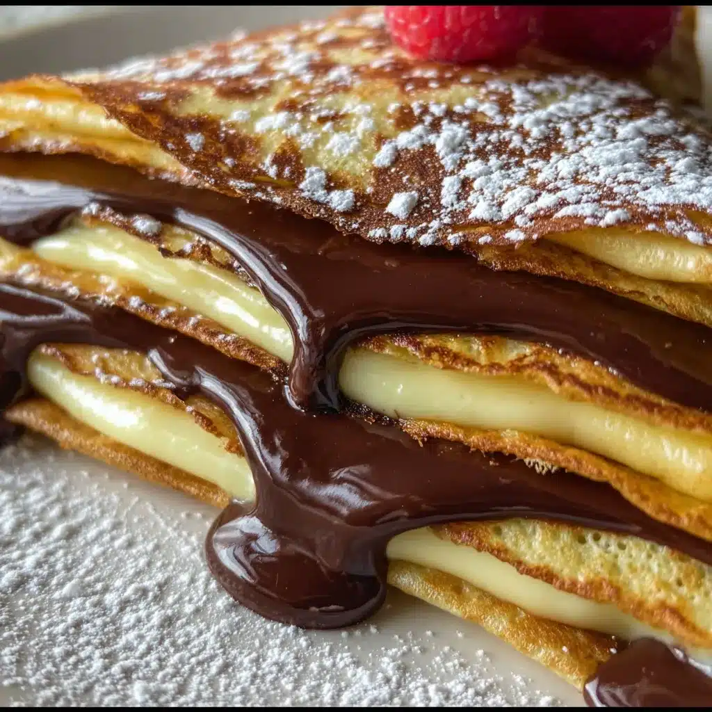 Boston Cream Pie Crepes with creamy vanilla custard and rich chocolate ganache drizzle