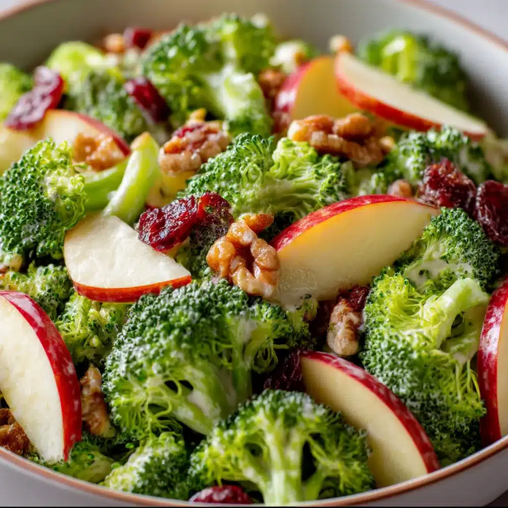 Broccoli apple salad with cranberries and creamy yogurt dressing in a bowl