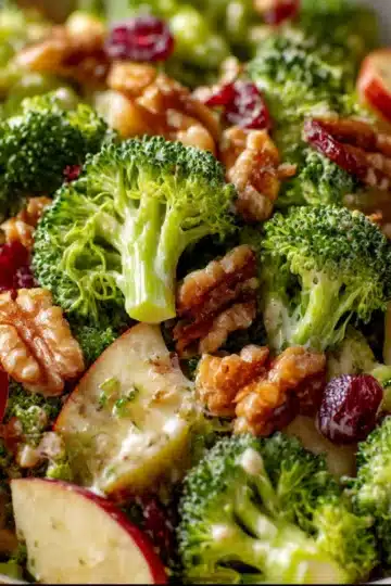 Broccoli apple salad with cranberries and creamy yogurt dressing in a bowl