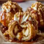 Caramel Apple Pie Bombs with golden biscuit exterior and gooey caramel apple center fresh from the oven