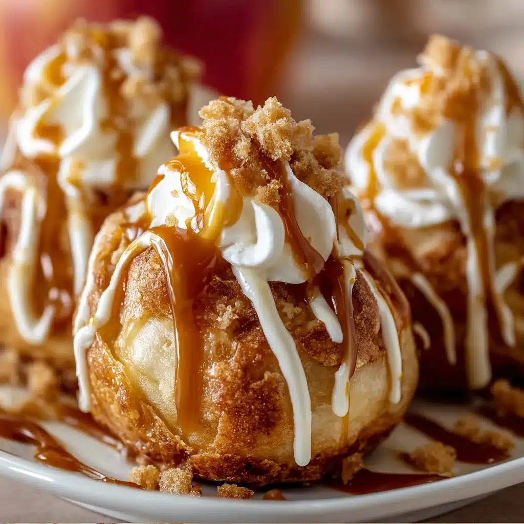Caramel Apple Pie Bombs with golden biscuit exterior and gooey caramel apple center fresh from the oven