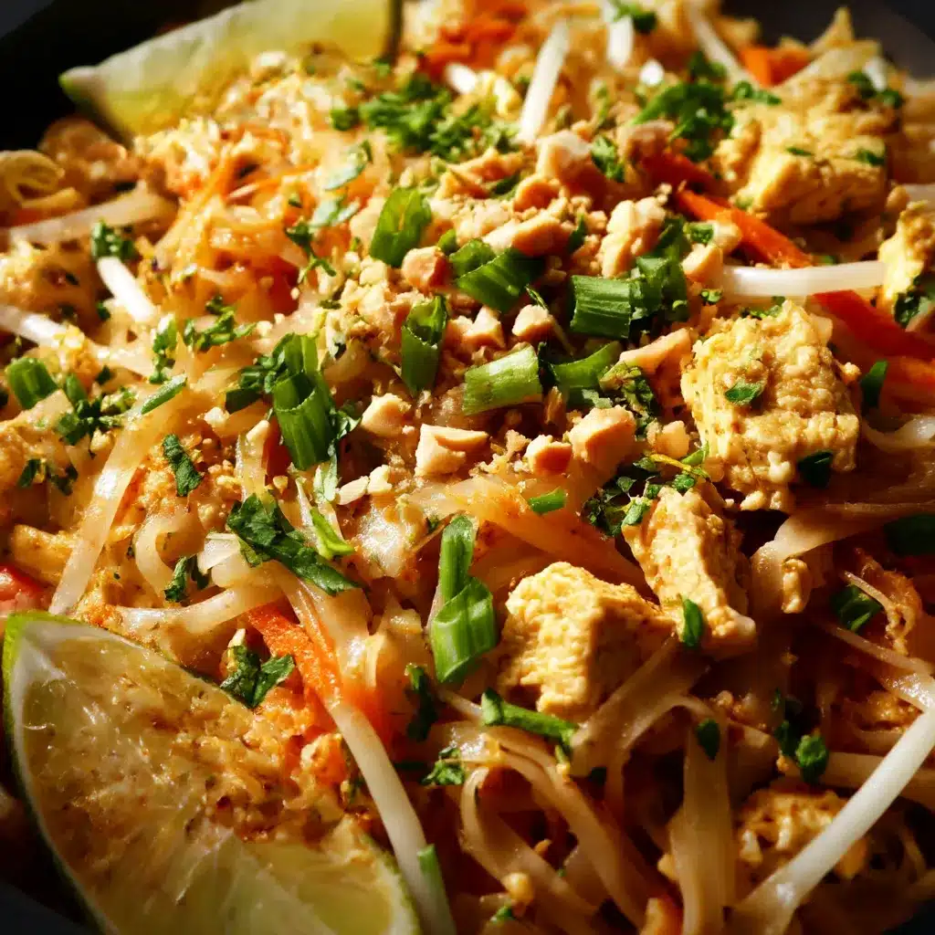Chicken Pad Thai with rice noodles, tender chicken, crushed peanuts, cilantro, and lime wedges served in a skillet