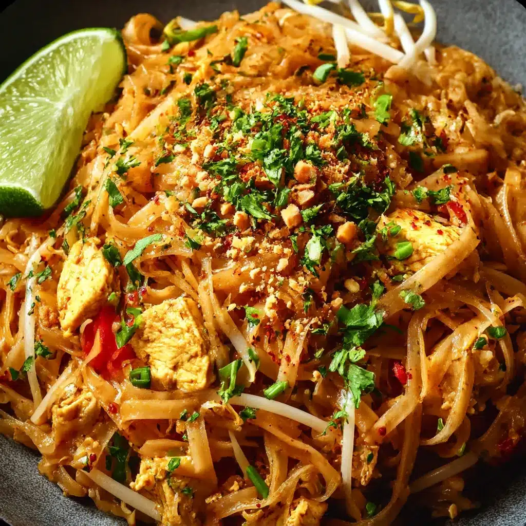 Chicken Pad Thai with rice noodles, tender chicken, crushed peanuts, cilantro, and lime wedges served in a skillet