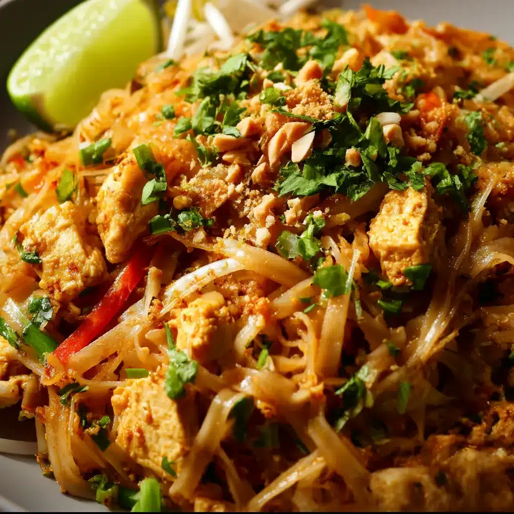 Chicken Pad Thai with rice noodles, tender chicken, crushed peanuts, cilantro, and lime wedges served in a skillet