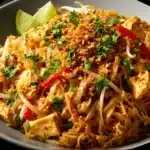 Chicken Pad Thai with rice noodles, tender chicken, crushed peanuts, cilantro, and lime wedges served in a skillet