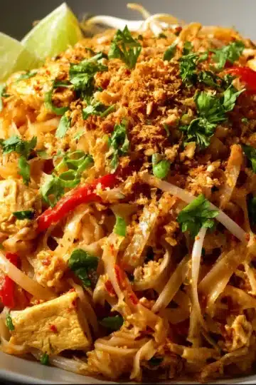Chicken Pad Thai with rice noodles, tender chicken, crushed peanuts, cilantro, and lime wedges served in a skillet