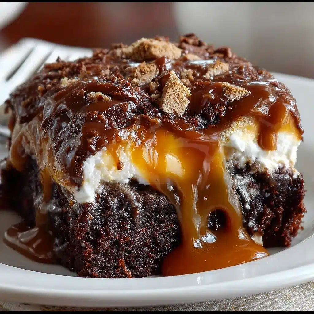 Chocolate Caramel Marshmallow Ooey Gooey Cake with toasted marshmallows and melted chocolate chips