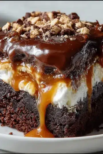 Chocolate Caramel Marshmallow Ooey Gooey Cake with toasted marshmallows and melted chocolate chips
