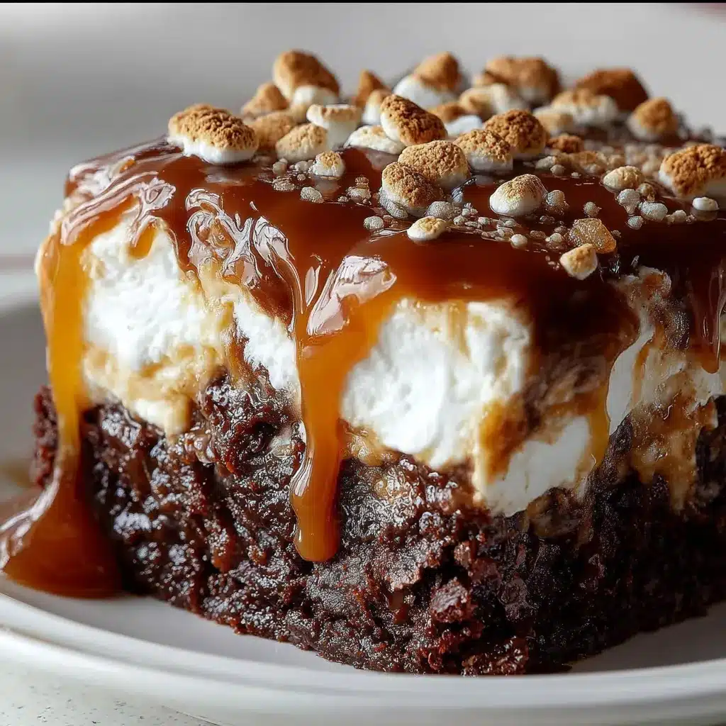 Chocolate Caramel Marshmallow Ooey Gooey Cake with toasted marshmallows and melted chocolate chips
