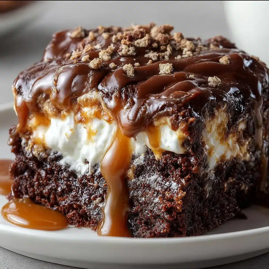 Chocolate Caramel Marshmallow Ooey Gooey Cake with toasted marshmallows and melted chocolate chips