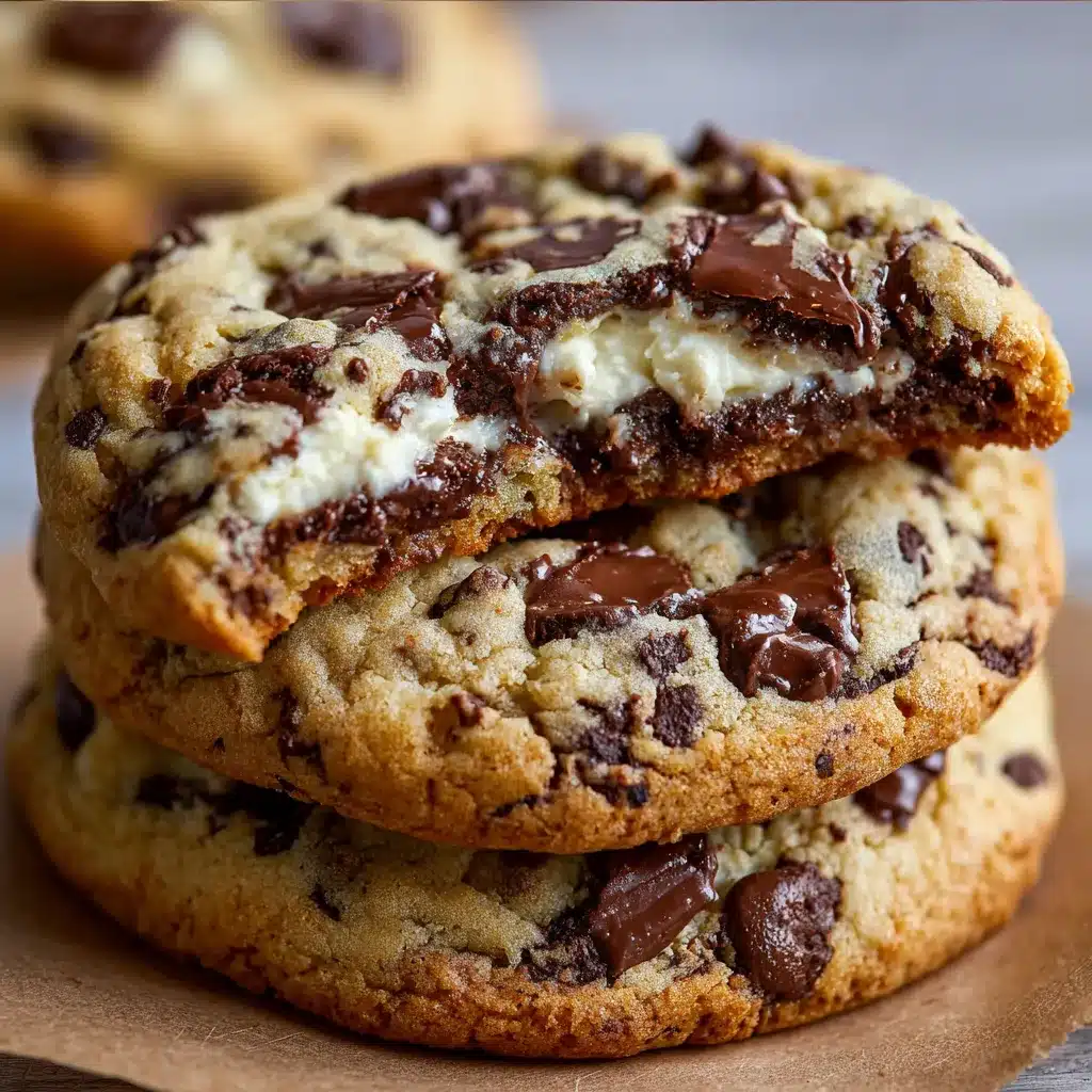 Chocolate Chip Cheesecake Cookies on a baking tray with soft centers and melted chocolate chips