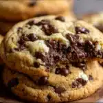 Chocolate Chip Cheesecake Cookies on a baking tray with soft centers and melted chocolate chips