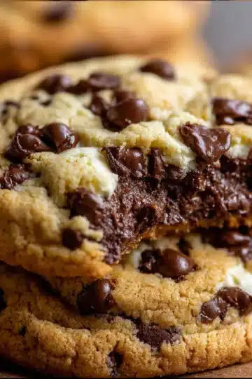 Chocolate Chip Cheesecake Cookies on a baking tray with soft centers and melted chocolate chips