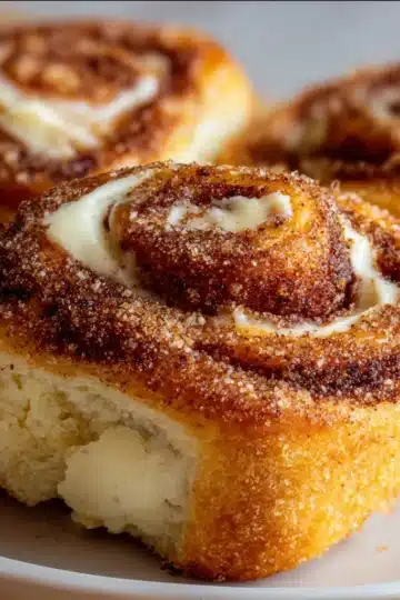 Cinnamon Sugar Cream Cheese Rolls fresh from the oven with vanilla glaze.