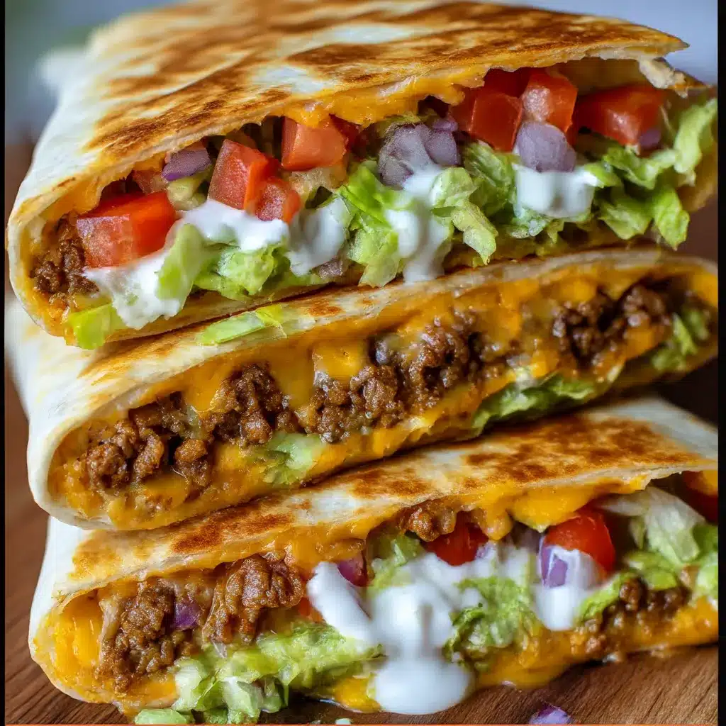 Copycat Crunchwrap Supreme with crispy tortilla, seasoned beef, nacho cheese, lettuce, tomatoes, and sour cream