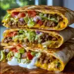 Copycat Crunchwrap Supreme with crispy tortilla, seasoned beef, nacho cheese, lettuce, tomatoes, and sour cream